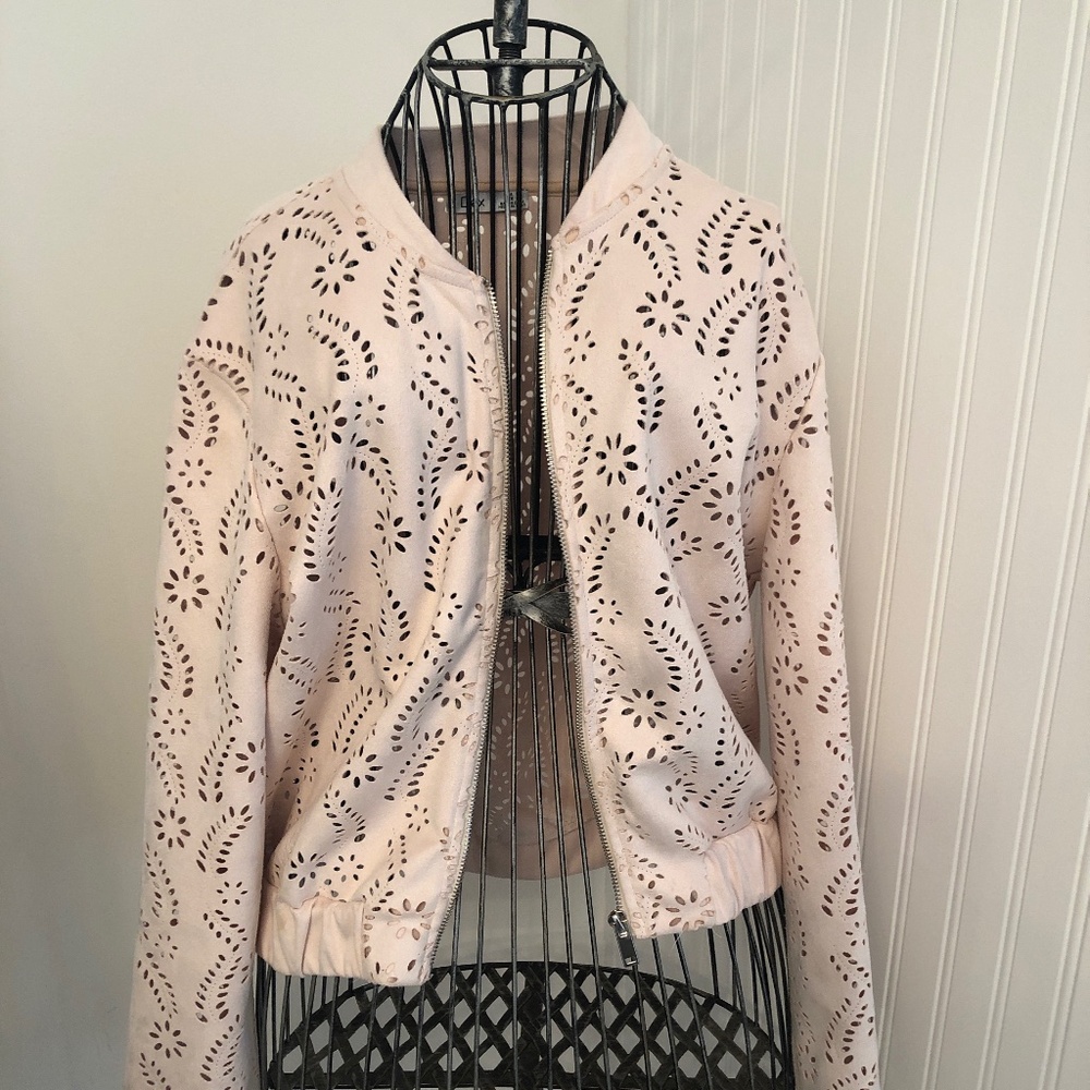 Pale Pink Faux Suede Coastal Lasercut Feminine Bomber Jacket